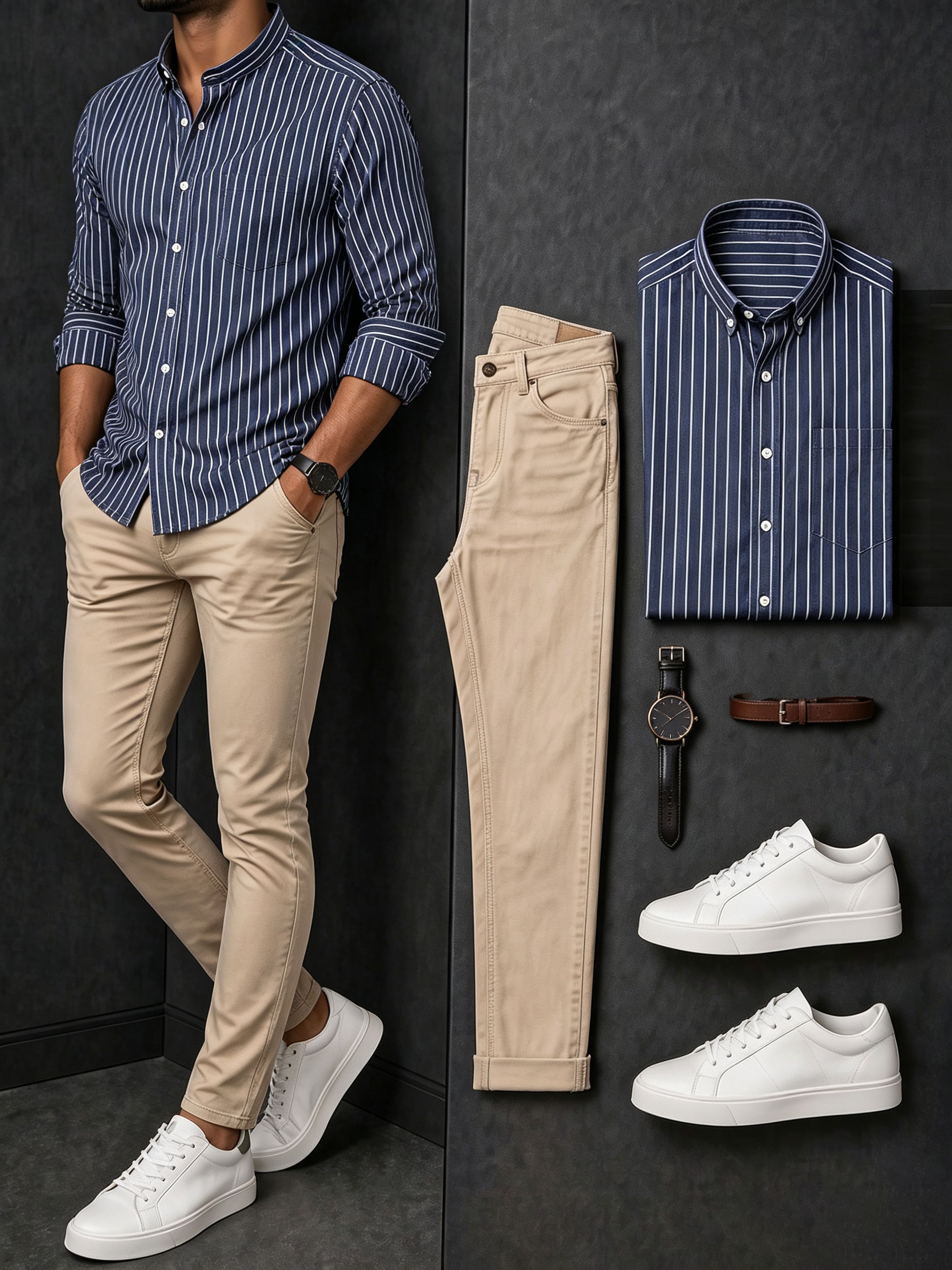 Men's Casual Navy Blue Striped Printed Long Sleeves Shirt & Khaki Pants Two Piece Set