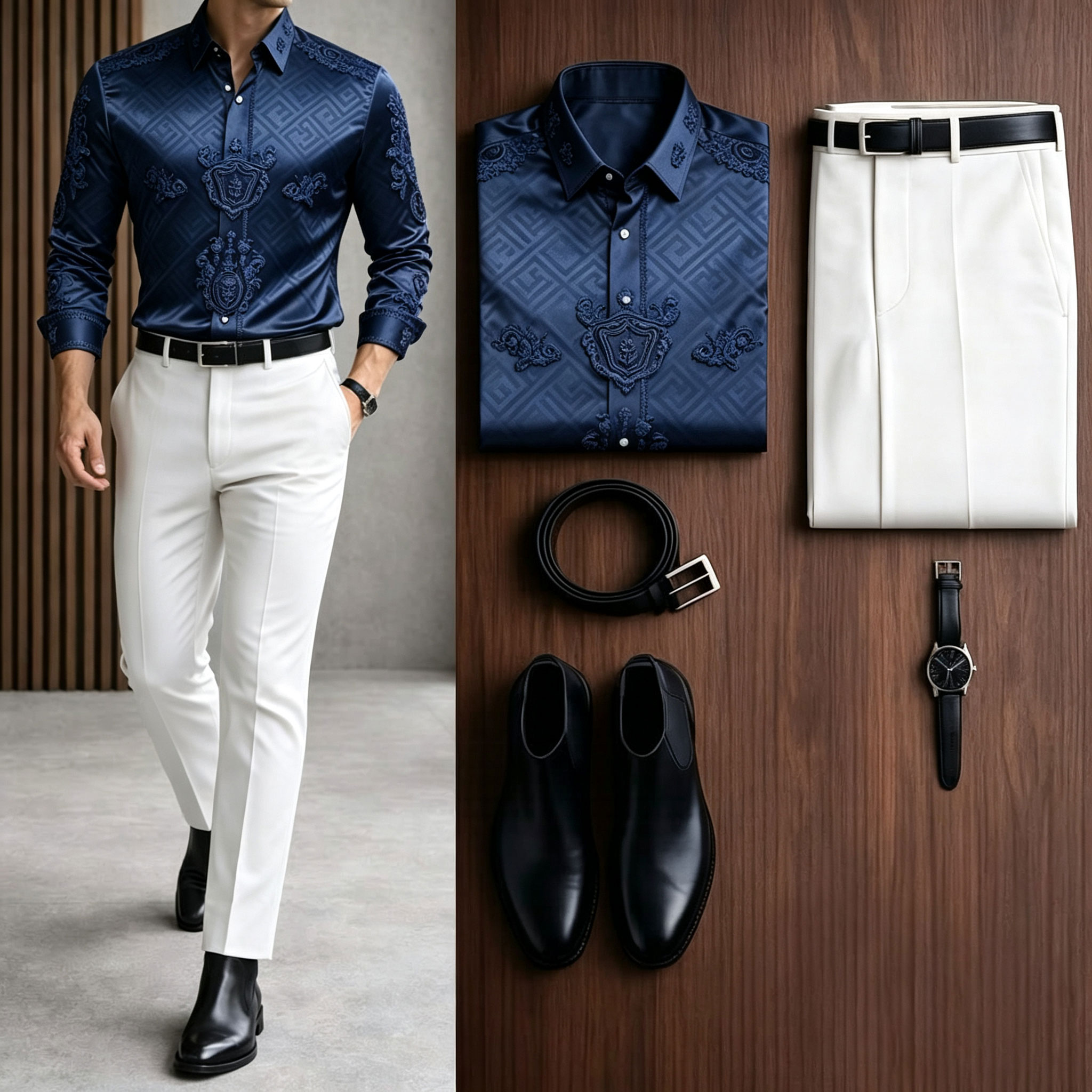 Men's Casual Navy Blue Long Sleeve Baroque Shirt & White Chino Pants Two-Piece Set
