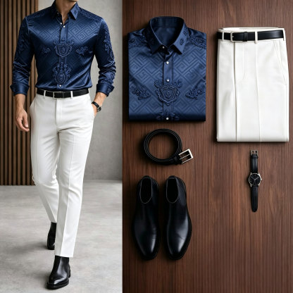Men's Casual Navy Blue Long Sleeve Baroque Shirt & White Chino Pants Two-Piece Set