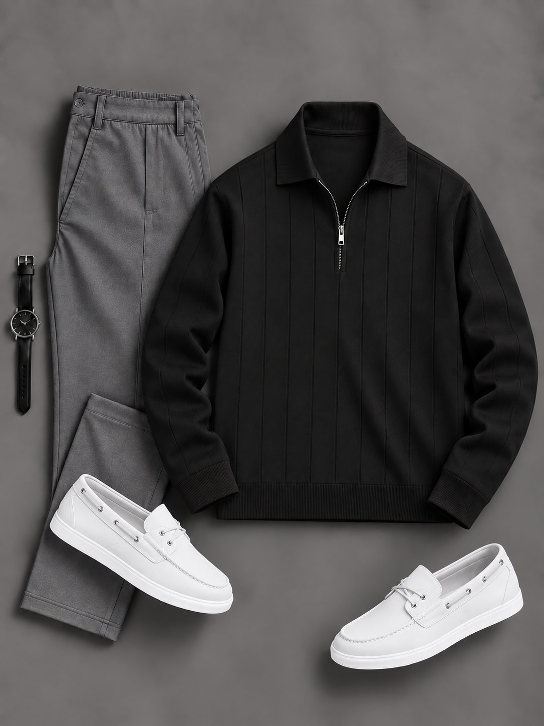 Men's Casual Vertical Stripe Half Zip Polo Sweater & Chino Pants 2‑Piece Matching Outfit Set, Multiple Colors Available