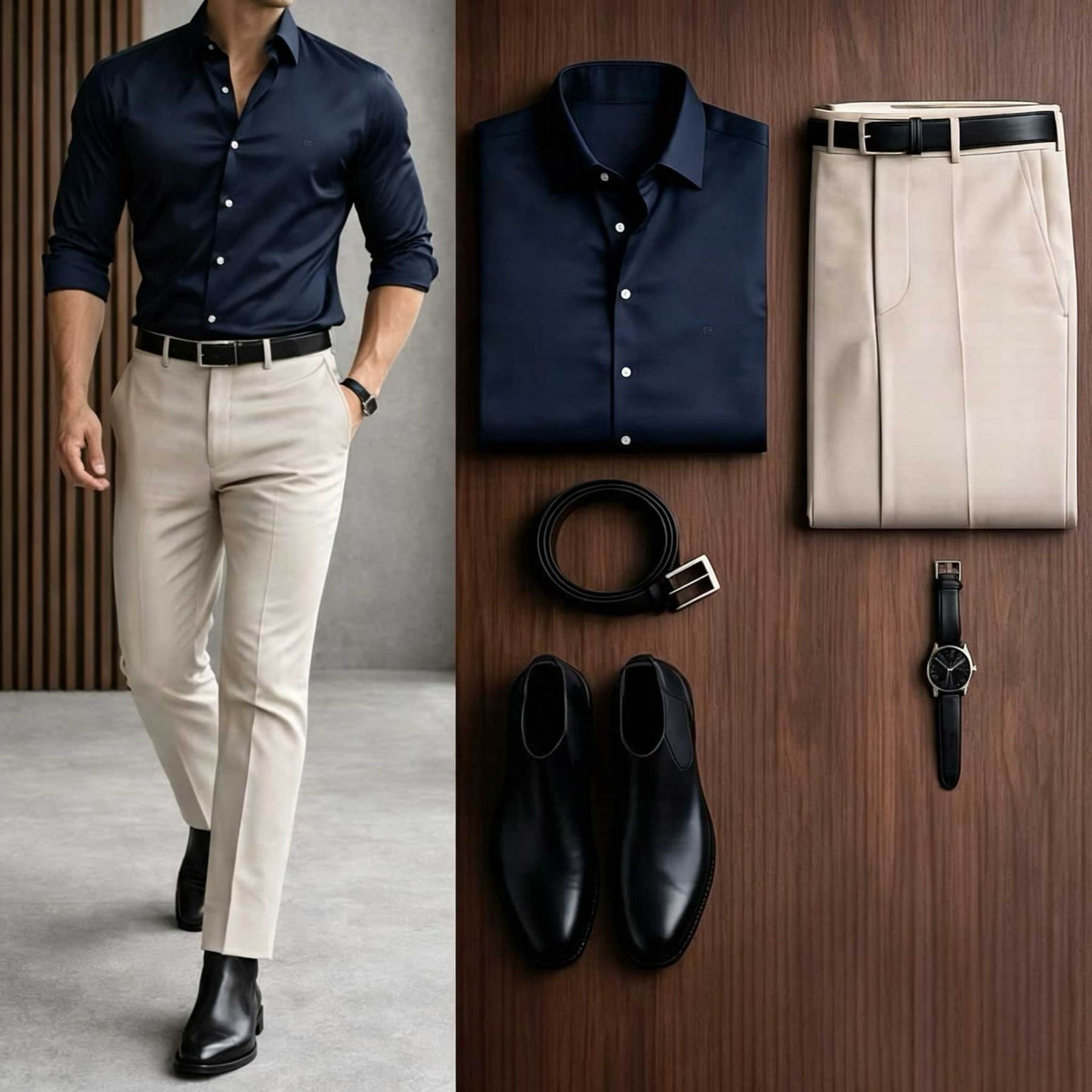 Men's Casual Black Long Sleeve Shirt & Khaki Chino Pants Two-Piece Set