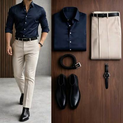 Men's Casual Black Long Sleeve Shirt & Khaki Chino Pants Two-Piece Set
