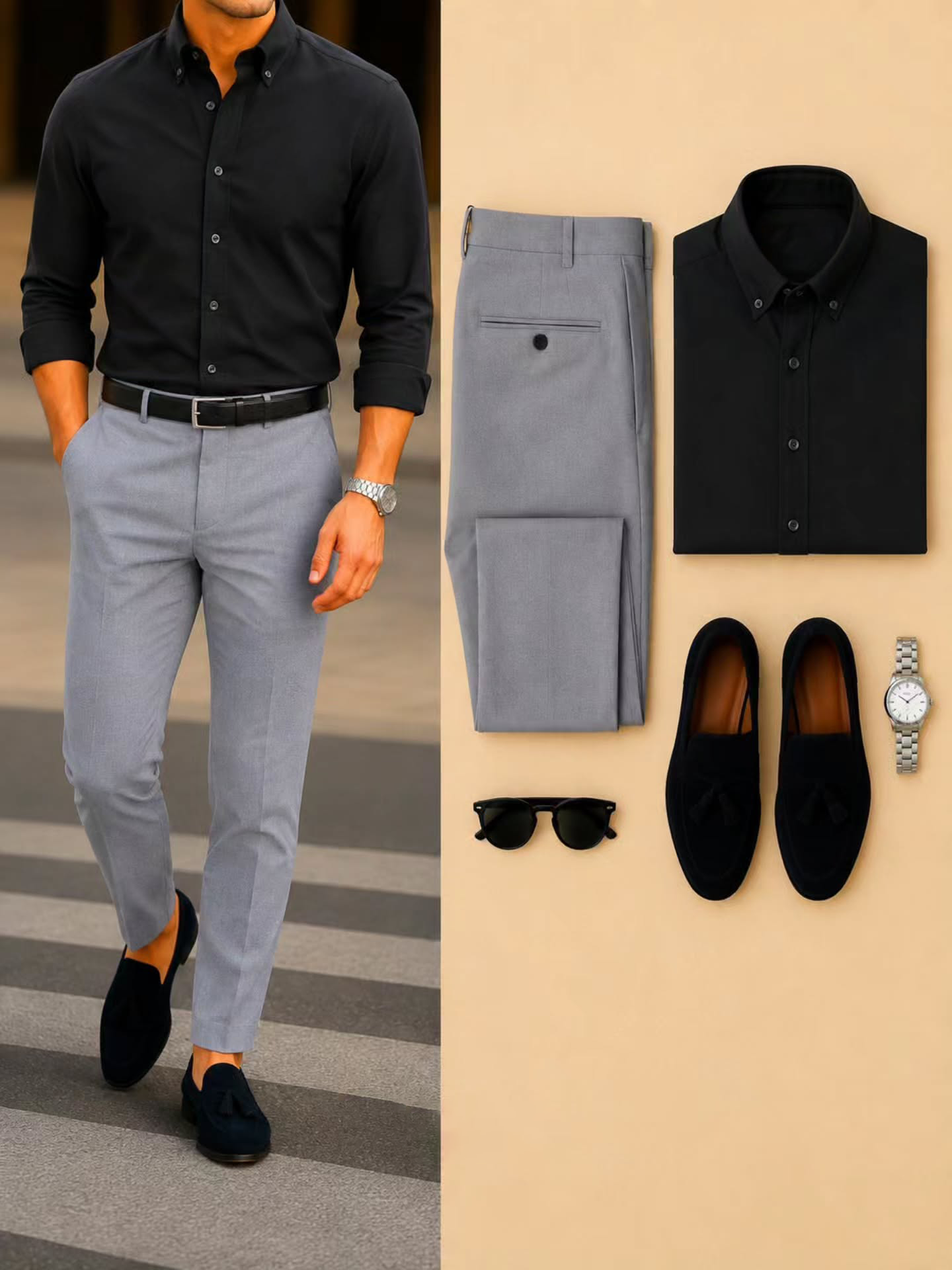 Men's Casual Black Long Sleeve Shirt & Gray Chino Pants Two-Piece Set