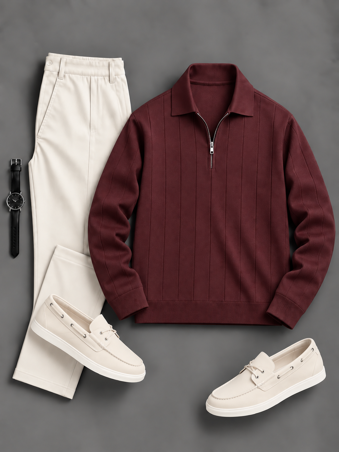 Men's Casual Vertical Stripe Half Zip Polo Sweater & Chino Pants 2‑Piece Matching Outfit Set, Multiple Colors Available