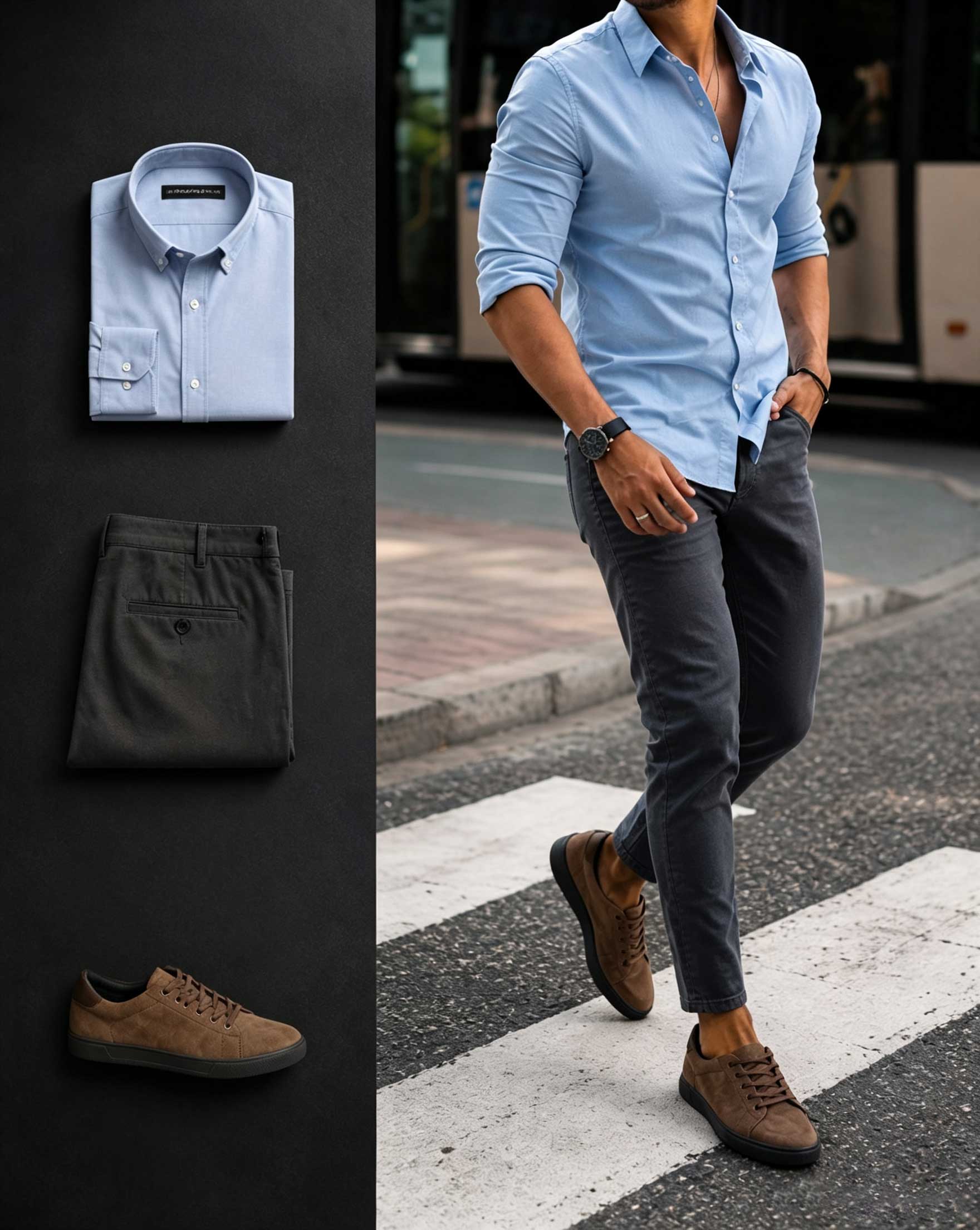 Men's Casual Light Blue Long Sleeve Shirt & Gray Pants Two-Piece Set