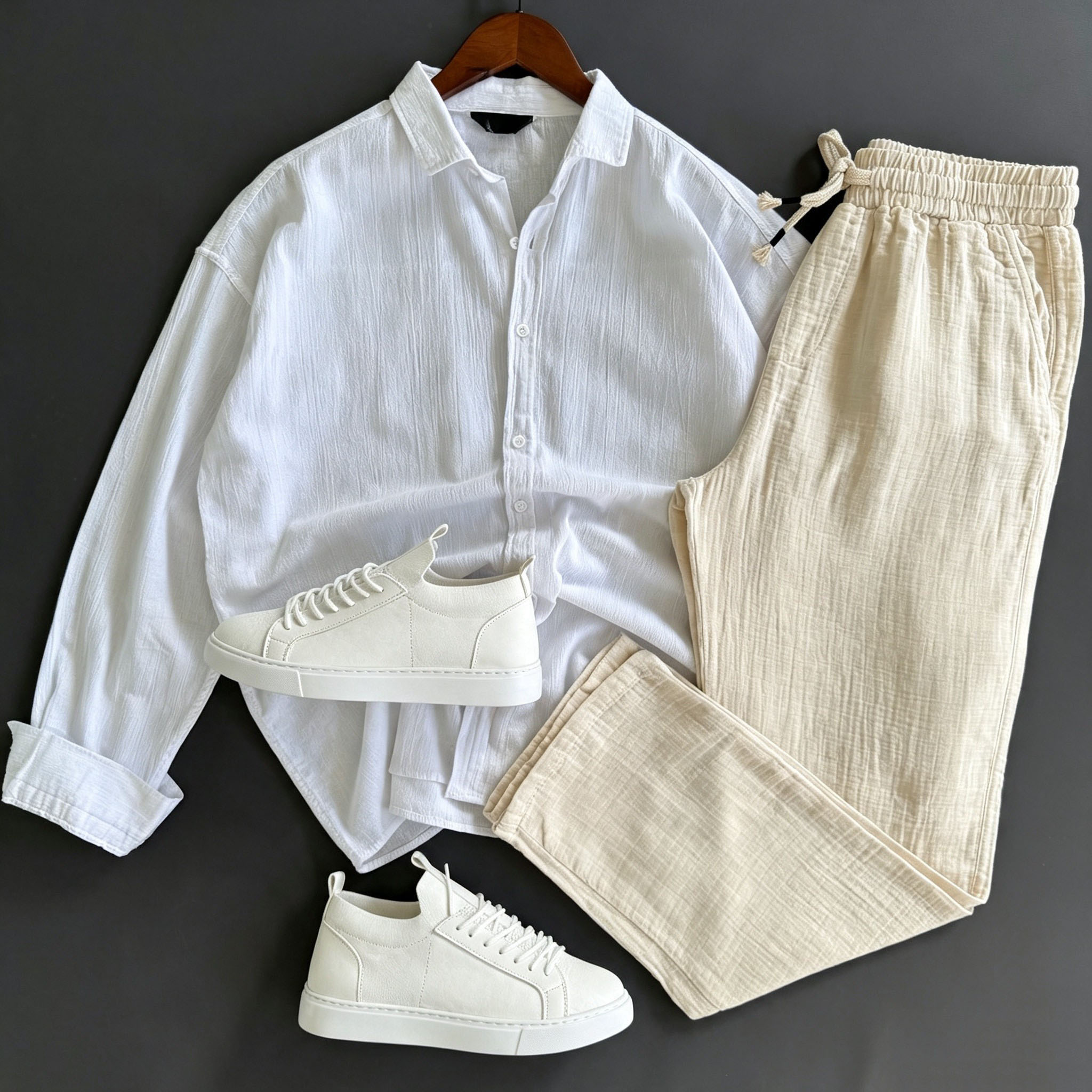 Men's Casual Simple Long Sleeved Collared Shirt & Elastic Drawstring Trousers Two‑Piece Set