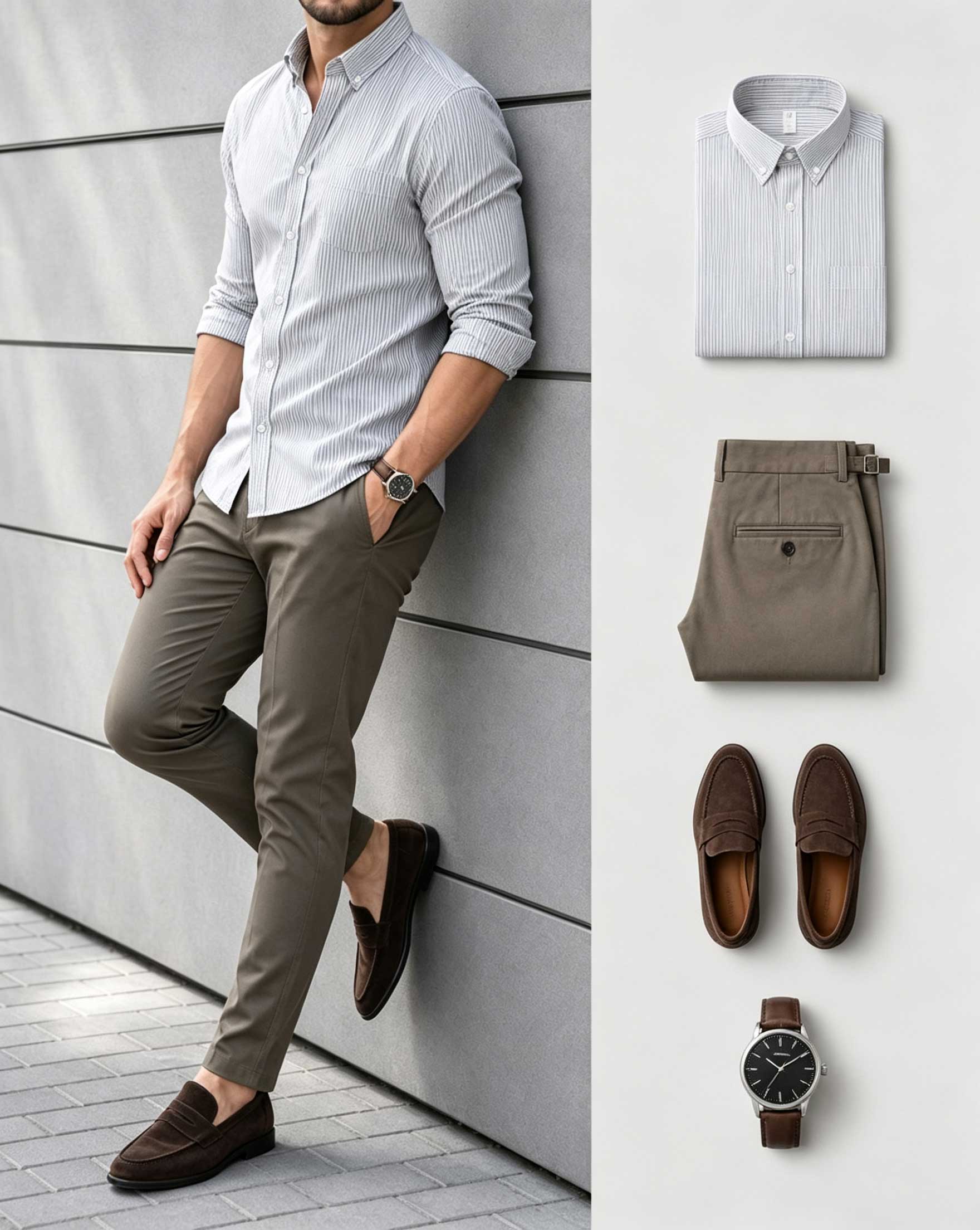 Men's Casual Gray Long Sleeve Shirt & Brown Chino Pants Two-Piece Set
