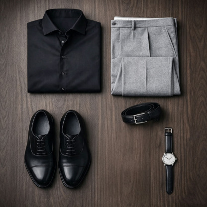 Men's Black Long Sleeves Shirt & Gray Chinos Pants Two-Piece Set