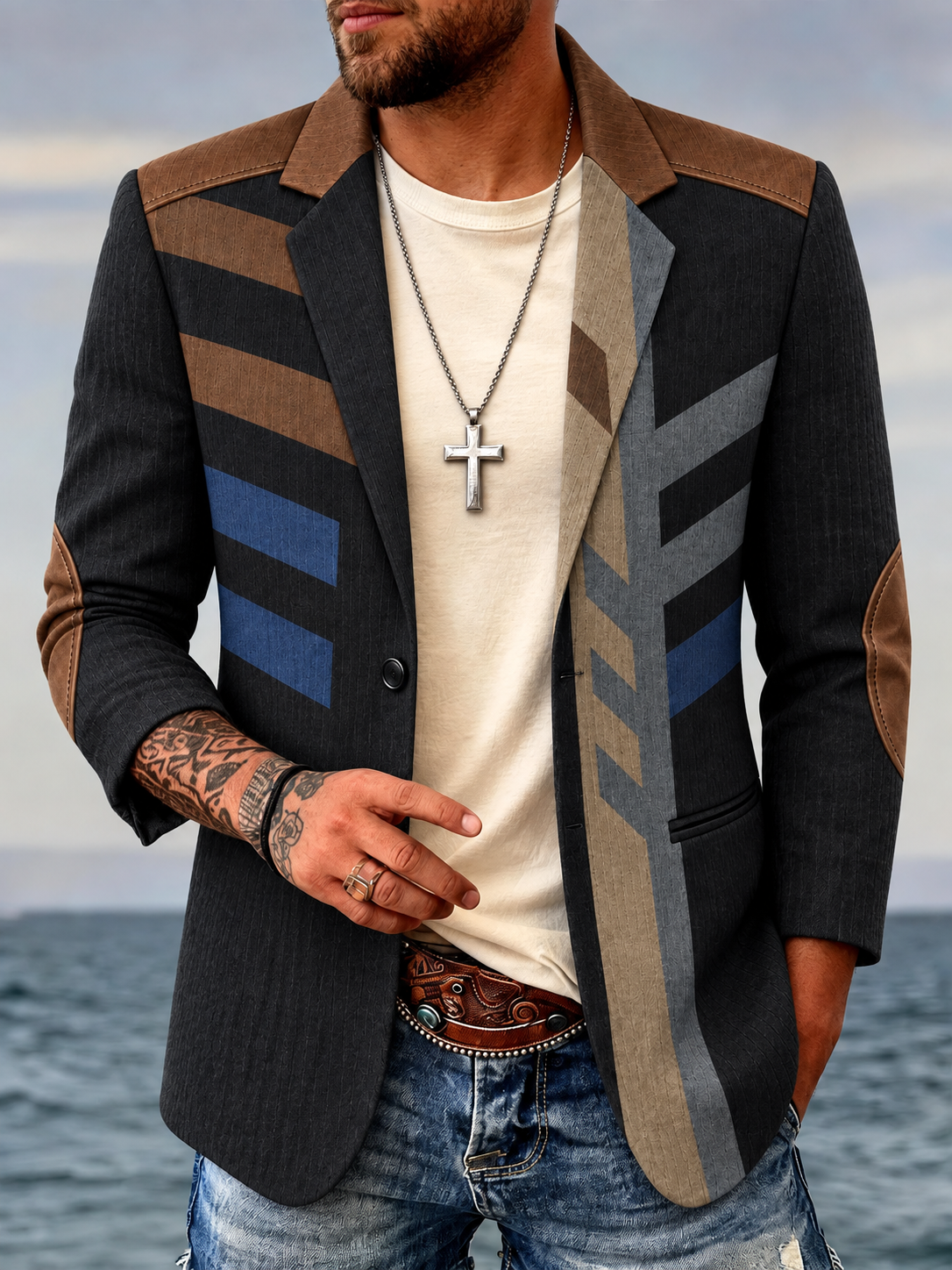 Men's Casual Color Block Geometric Print Lapel Blazer Jacket with Faux Leather Patch