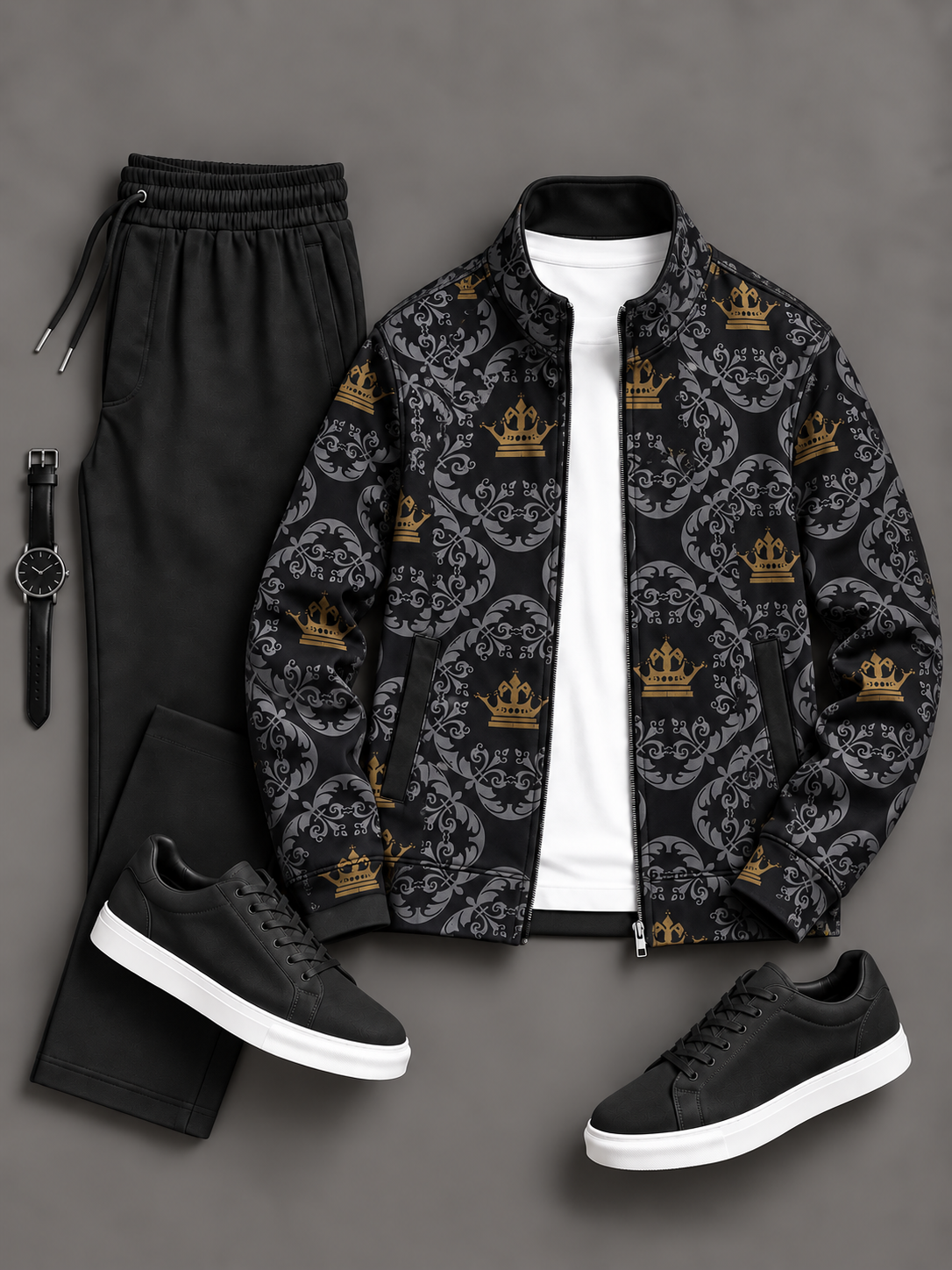 Men's Crown Damask Printed Zip Up Stand Collar Jacket & Drawstring Pants Two Piece Set