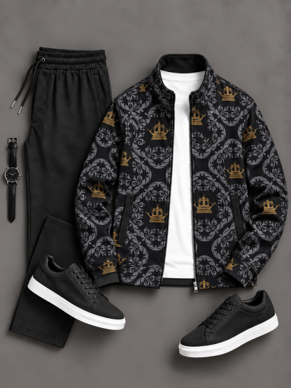 Men's Crown Damask Printed Zip Up Stand Collar Jacket & Drawstring Pants Two Piece Set