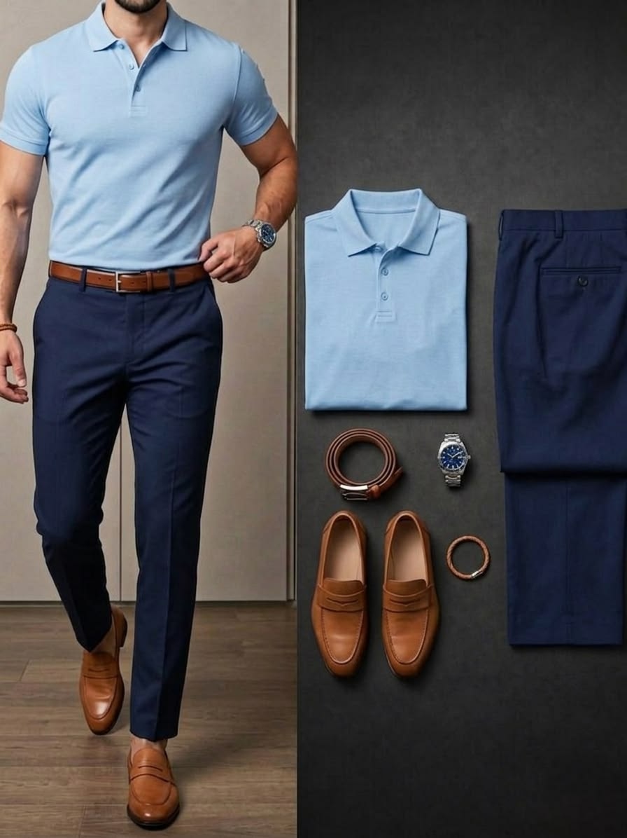 Men's Light Blue & Navy Blue Color Matching Short Sleeves Polo Shirt & Chino Pants Two-Piece Set