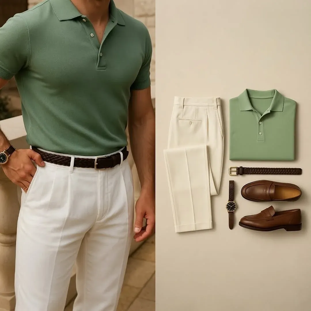 Men's Casual Solid Color Printed Polo Collar Short-Sleeve Pants Two-Piece Set