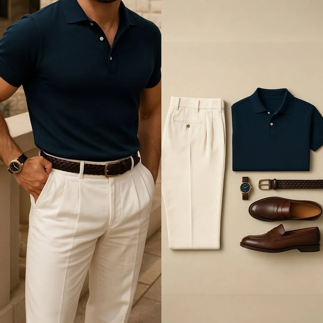 Men's Casual Solid Color Printed Polo Collar Short-Sleeve Pants Two-Piece Set