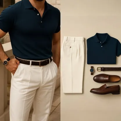 Men's Casual Solid Color Printed Polo Collar Short-Sleeve Pants Two-Piece Set