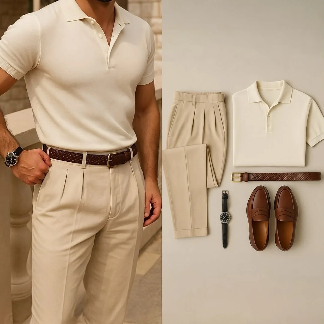 Men's Casual Solid Color Printed Polo Collar Short-Sleeve Pants Two-Piece Set