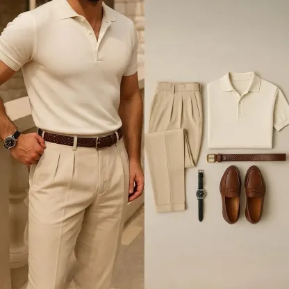 Men's Casual Solid Color Printed Polo Collar Short-Sleeve Pants Two-Piece Set