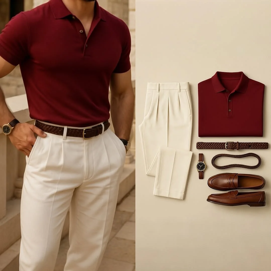 Men's Casual Solid Color Printed Polo Collar Short-Sleeve Pants Two-Piece Set