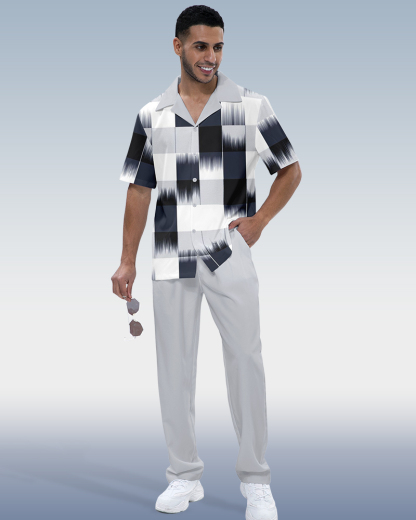 Men's Check Print Short Sleeve Shirt Walking Set