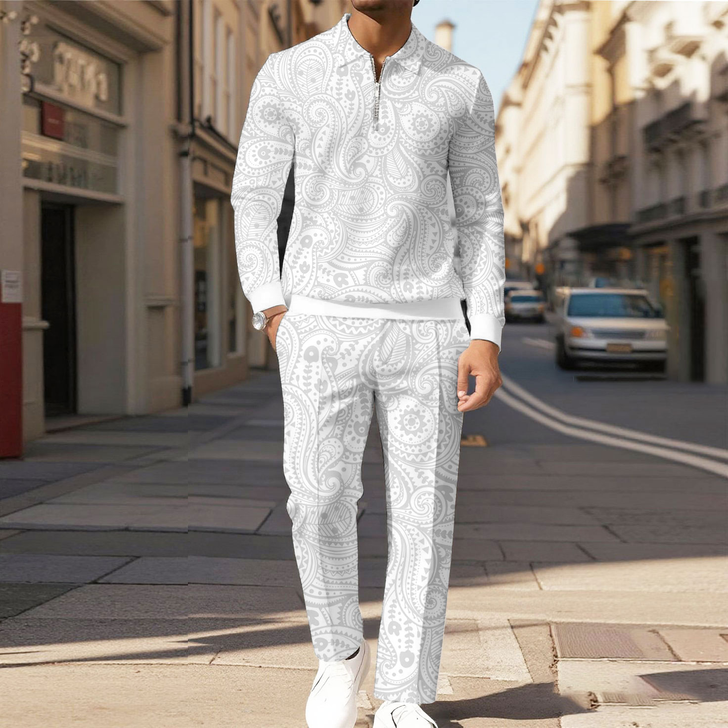 Men's Casual Color Matching Printed Polo-Collar Zipper Long Sleeved Trousers Two-Piece Set