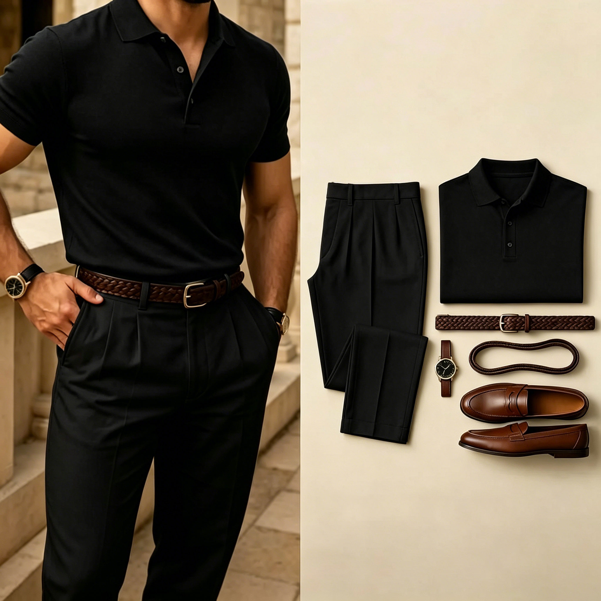 Men's Casual Color Matching Short Sleeves Polo Shirt & Pants Two Piece Set