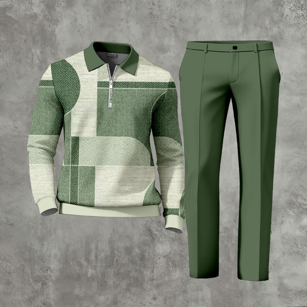 Men's Casual Color Matching Printed Polo-Collar Zipper Long Sleeved Tr