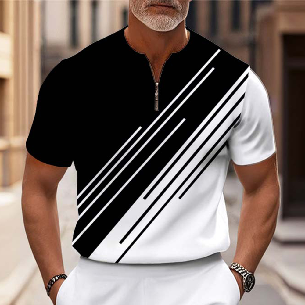 Men's Fashion Casual Round-Neck Black & White Geometric Printed Short-Sleeved Two-Piece Set