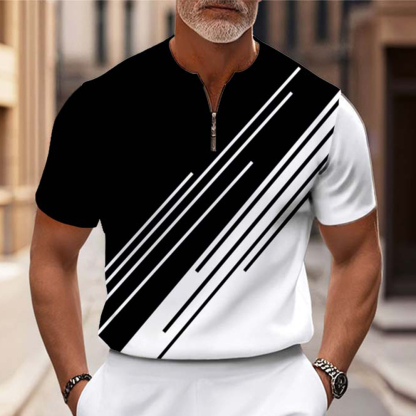 Men's Fashion Casual Round-Neck Black & White Geometric Printed Short-Sleeved Two-Piece Set