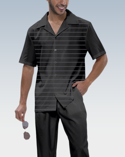 Men's Black Striped Short Sleeve Shirt Walking Set