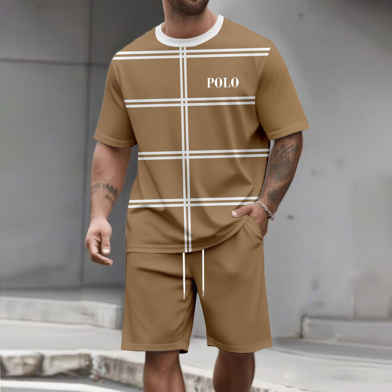Men's Fashion Casual Color Matching Printed Short-Sleeved Two-Piece Set