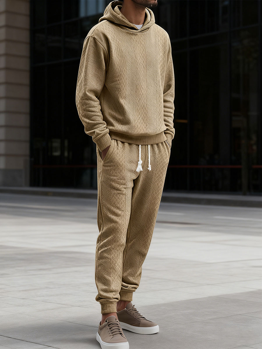 Men's Loose-fitting Casual Sports Long-sleeved Pants Jacquard Hooded Sweatshirt Set