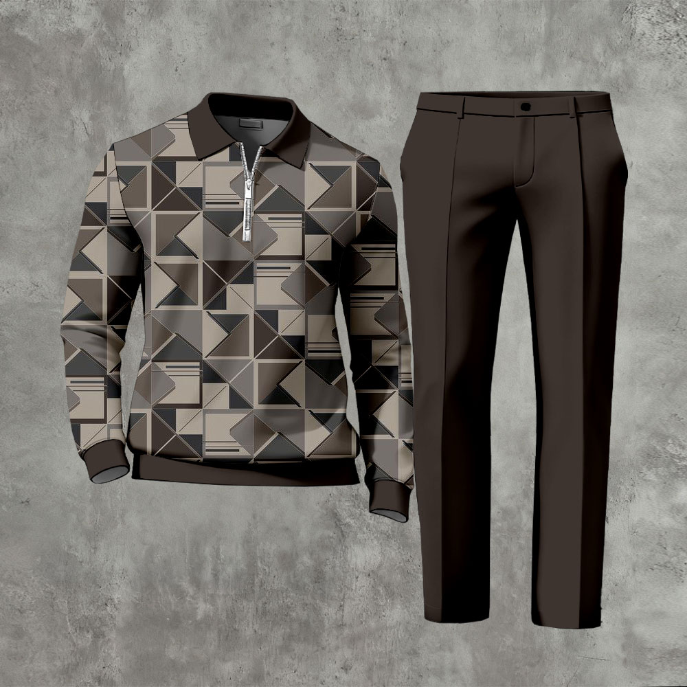 Men's Casual Coffee & Khaki Color Matching Geometric Pattenr Polo-Collar Zipper Long Sleeved Trousers Two-Piece Set