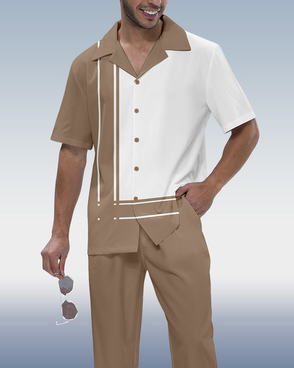 Suitmens Men's Khaki Panel Print Short Sleeve Walking Suit 510