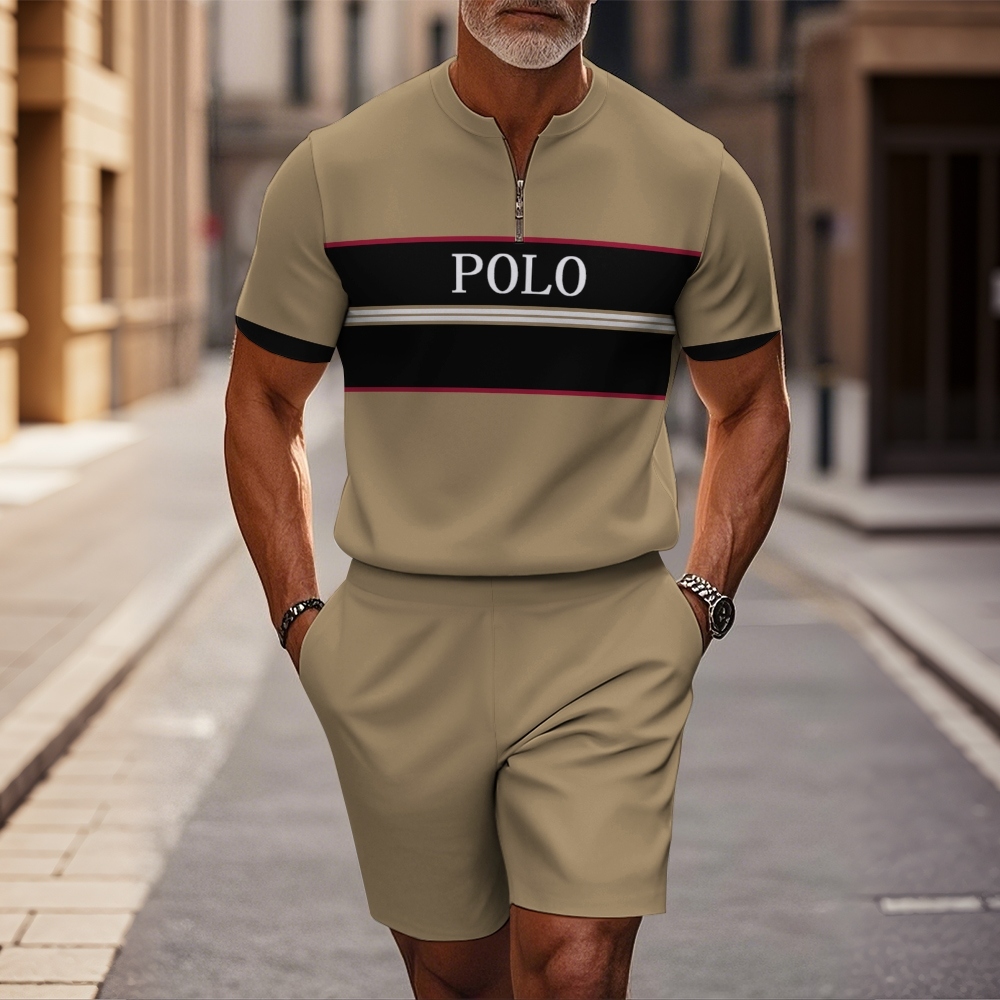 Men's Fashion Round Neck Zipper Short Sleeve+Casual Shorts Two Piece Set