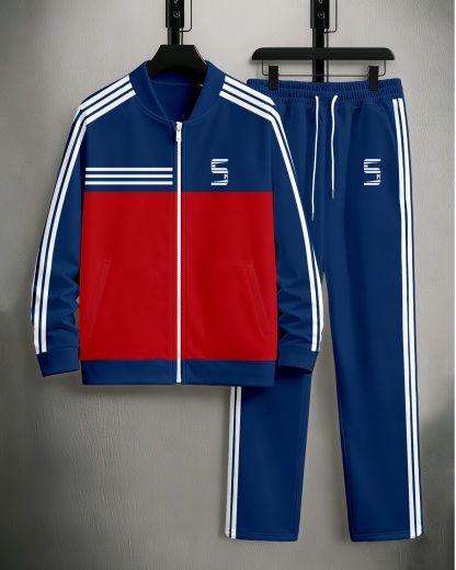 Men's Minimalist Red & Blue Color Matching Jacket Sports Jogging Set