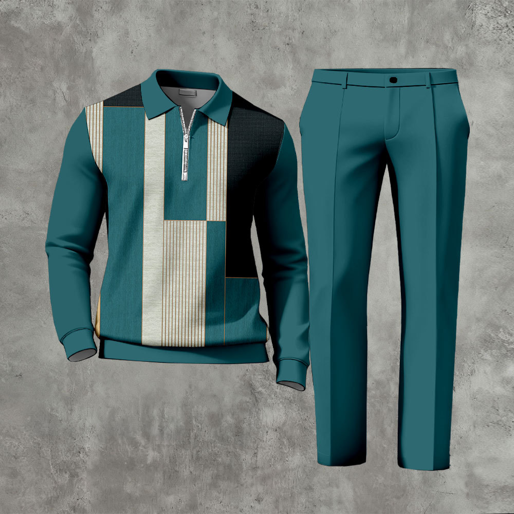 Men's Casual Dark Green Color Matching Geometric Printed Zipper Long S