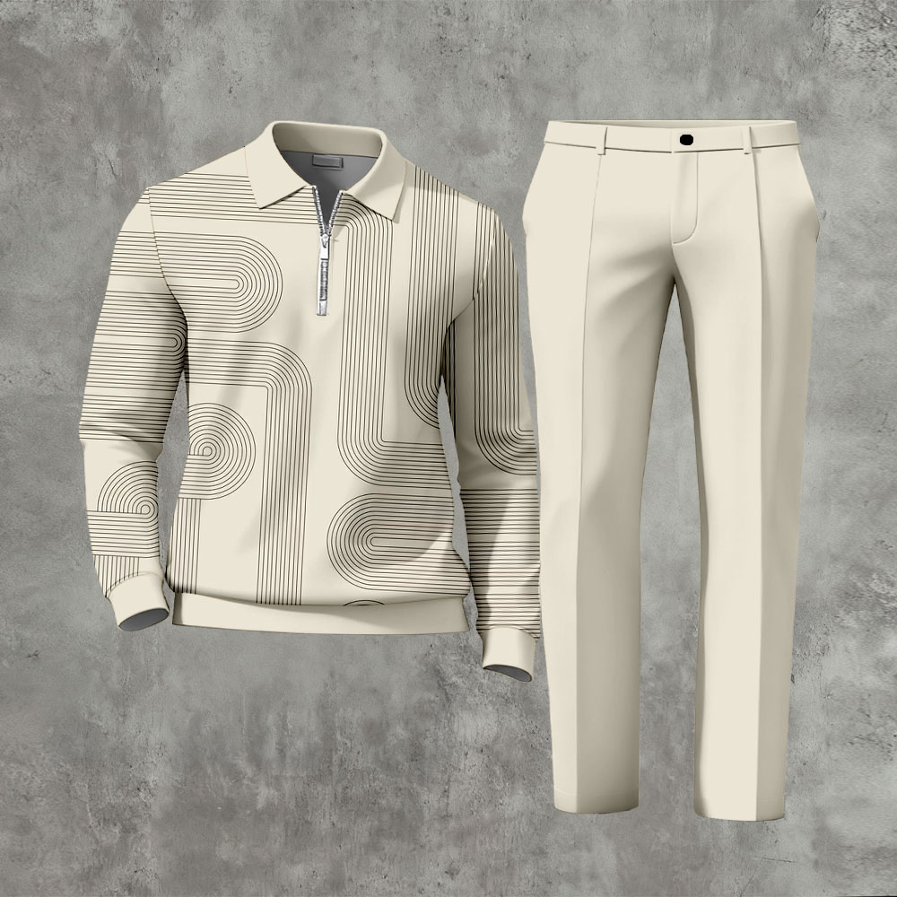 Men's Casual Apricot Color Matching Striped Printed Zipper Long Sleeved Polo Shirt & Trousers Two-Piece Set