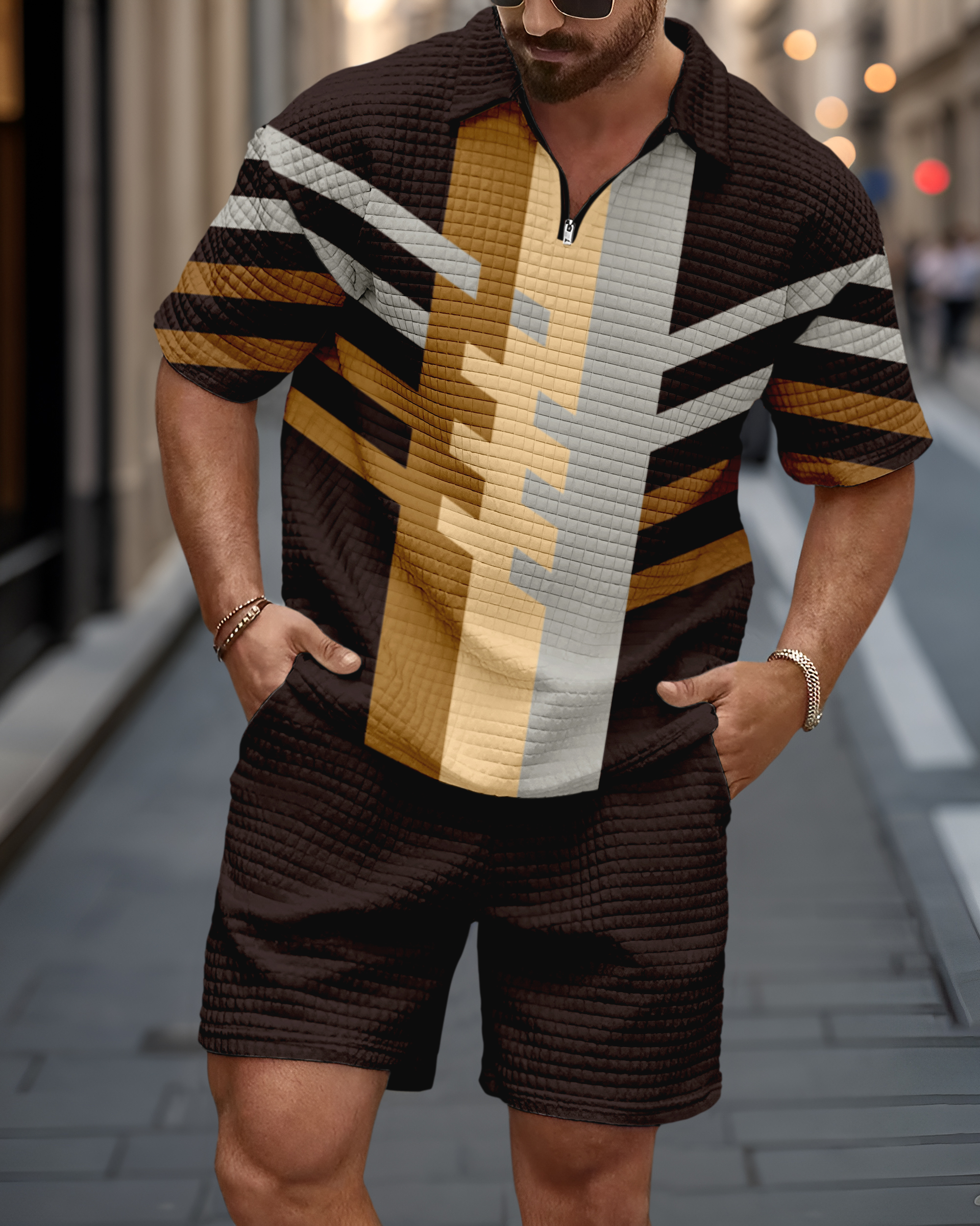 Men's Casual Art Print Waffle Texture Summer Polo Set