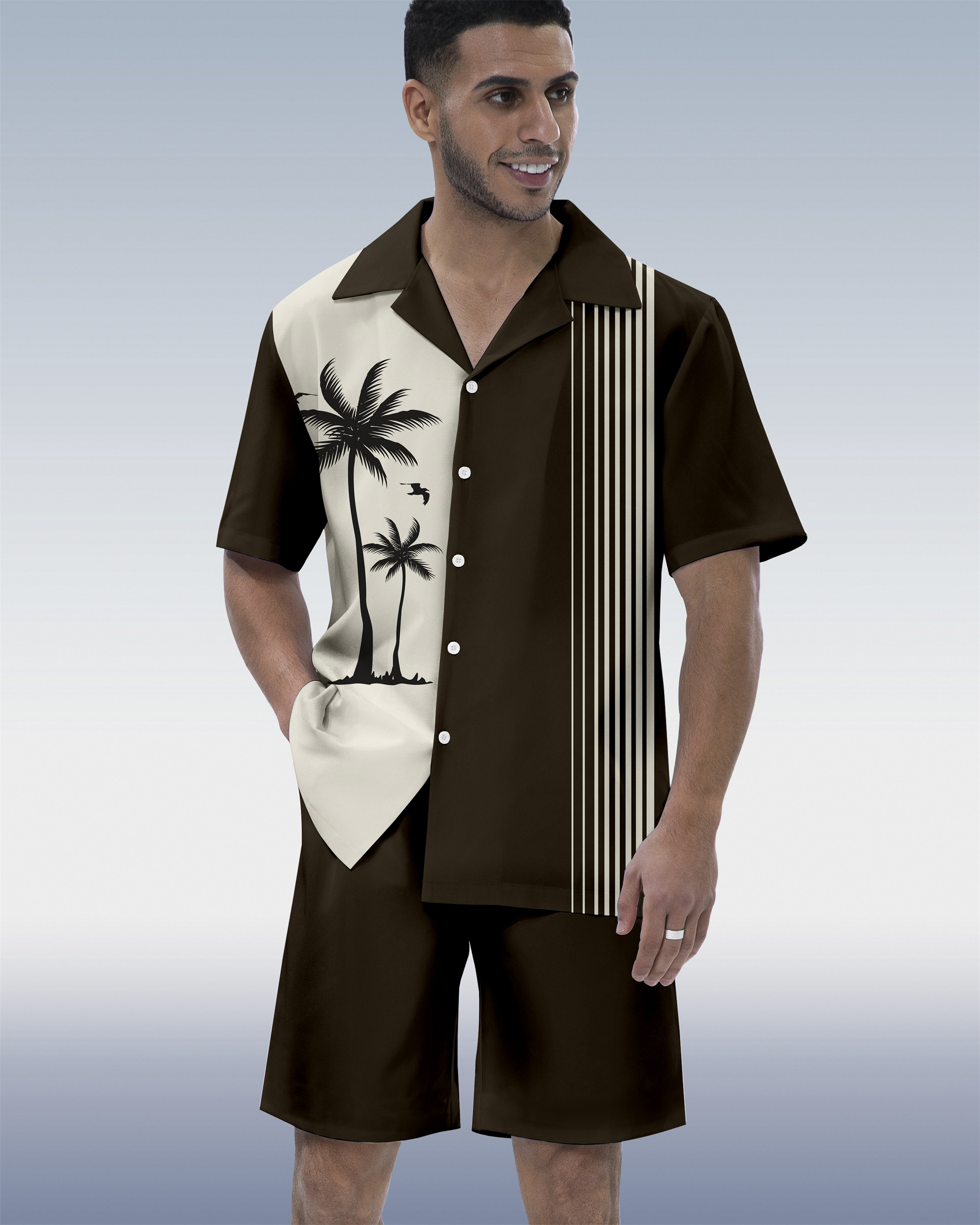 Men's Hawaiian Tiki Party Print Cuban Collar Short Sleeve Shirt Set