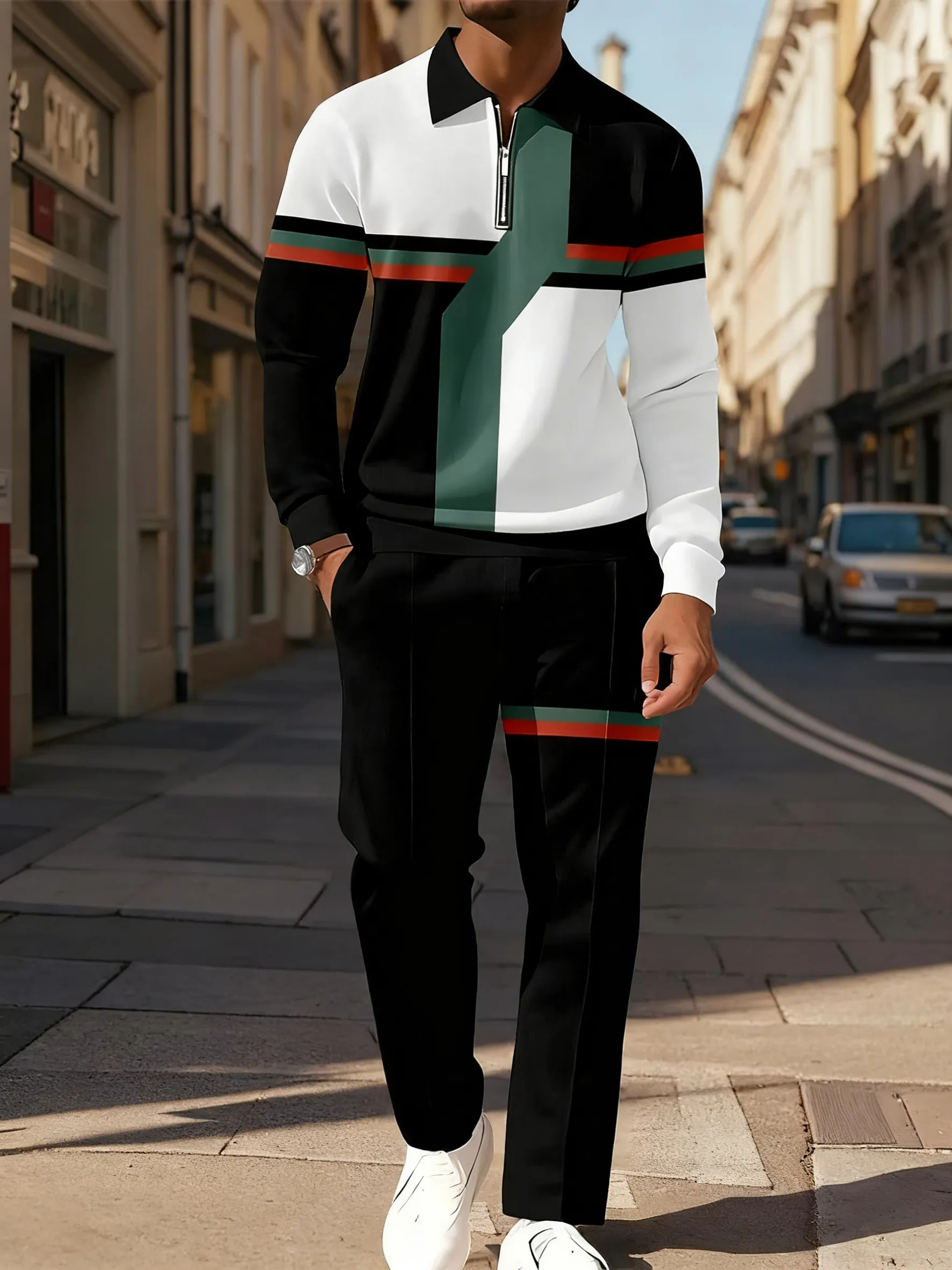 Men's Casual Colorblock Long-Sleeve Zip-Up Polo Shirt and Pant Set