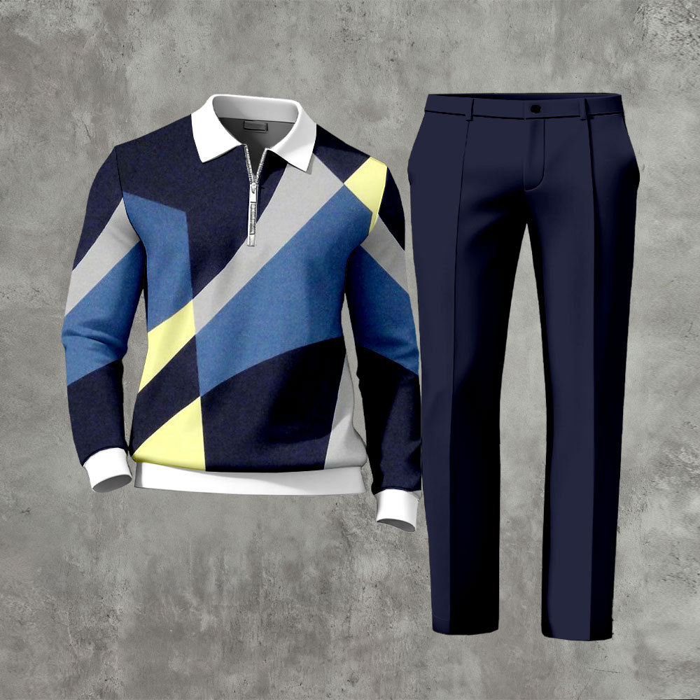 Men's Casual Navy Blue Color Matching Geometric Printed Polo-Collar Zi