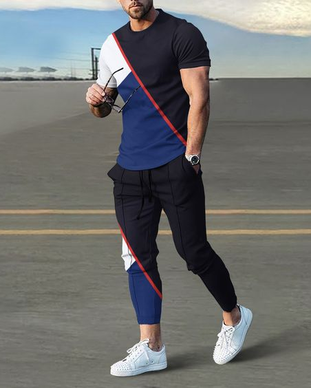 Men's Colorblock Short Sleeve Sports Walking Suit - 466