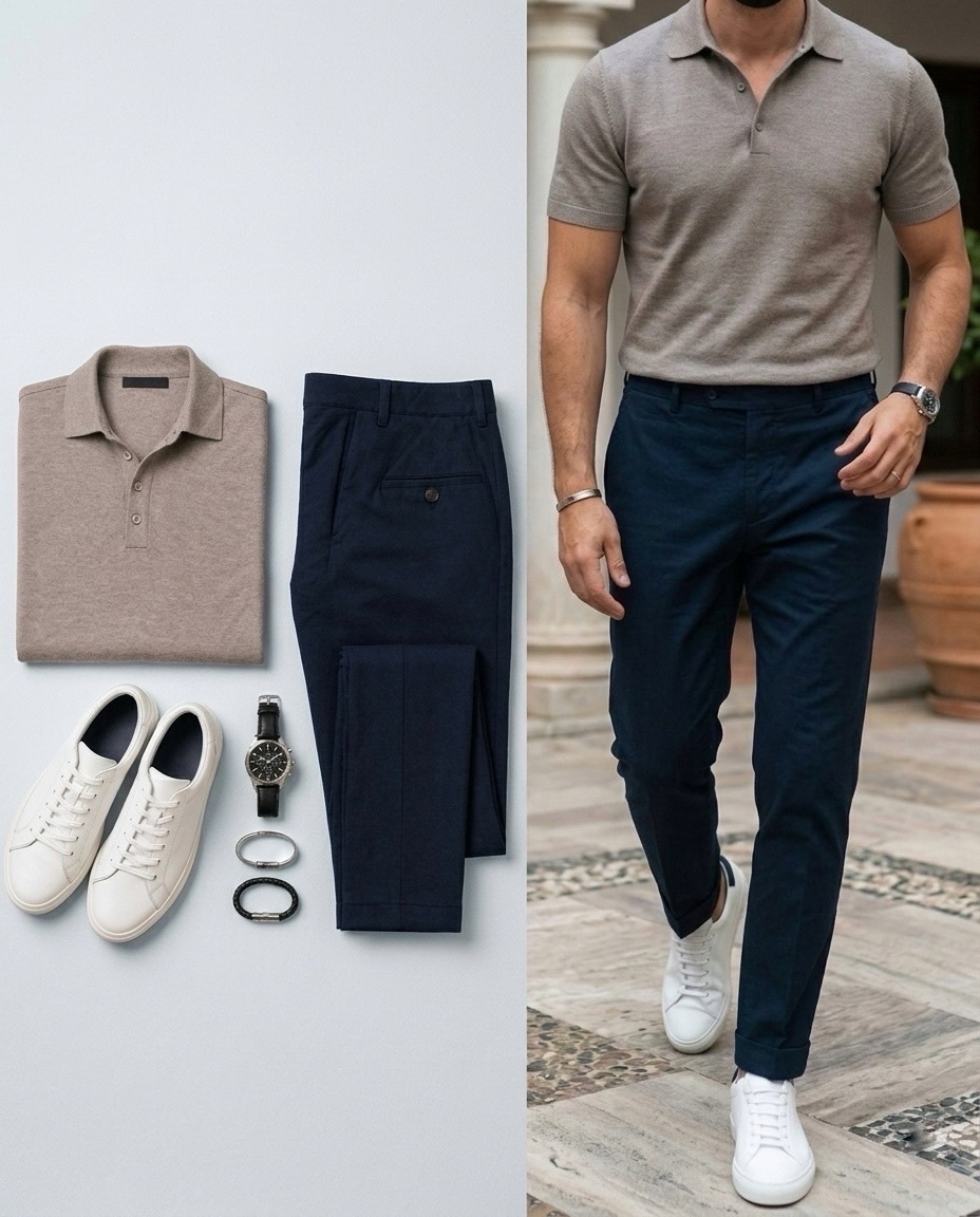 Men's Black Color Polo Lapel Collar Shirt & Pants Two-Piece Set
