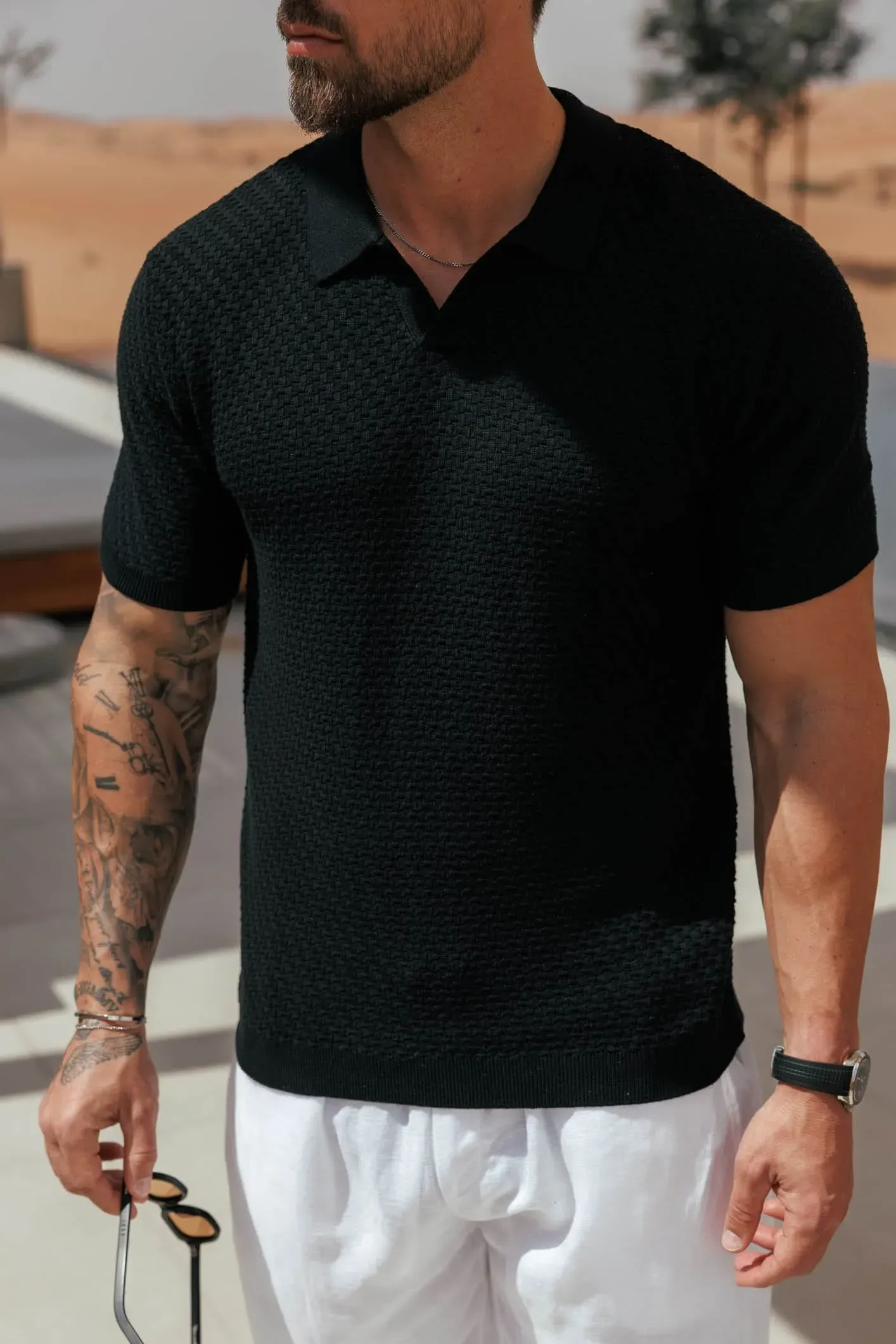Men's lightweight cotton and linen casual black polo shirt
