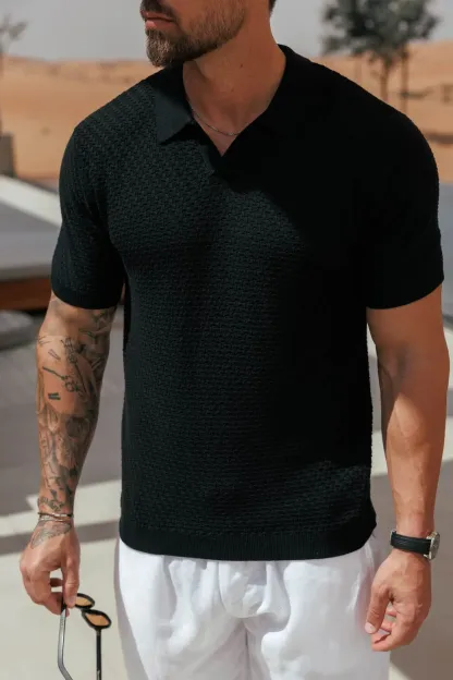 Men's lightweight cotton and linen casual black polo shirt