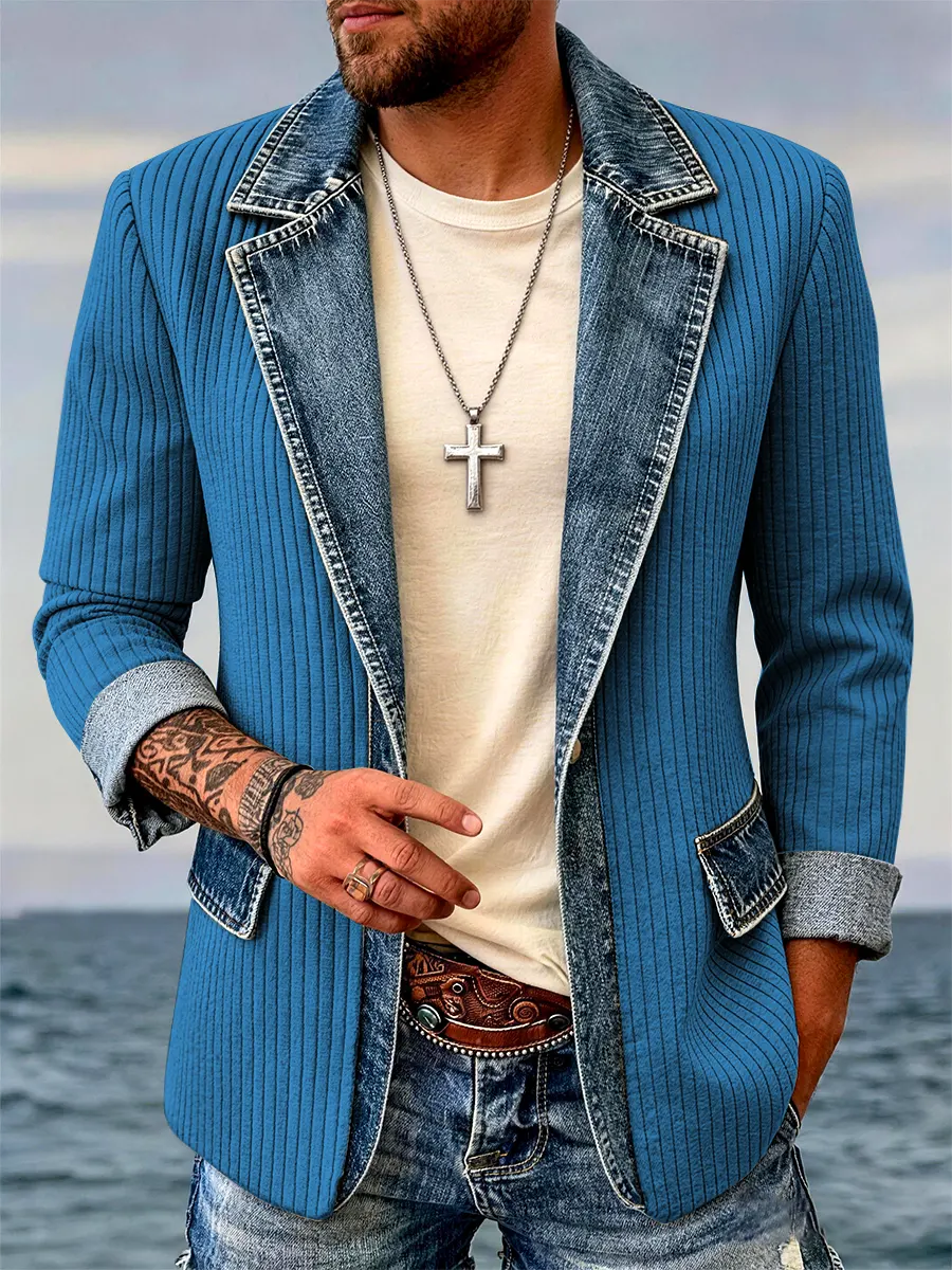 Men's Casual Corduroy Denim Patchwork Blazer Jacket