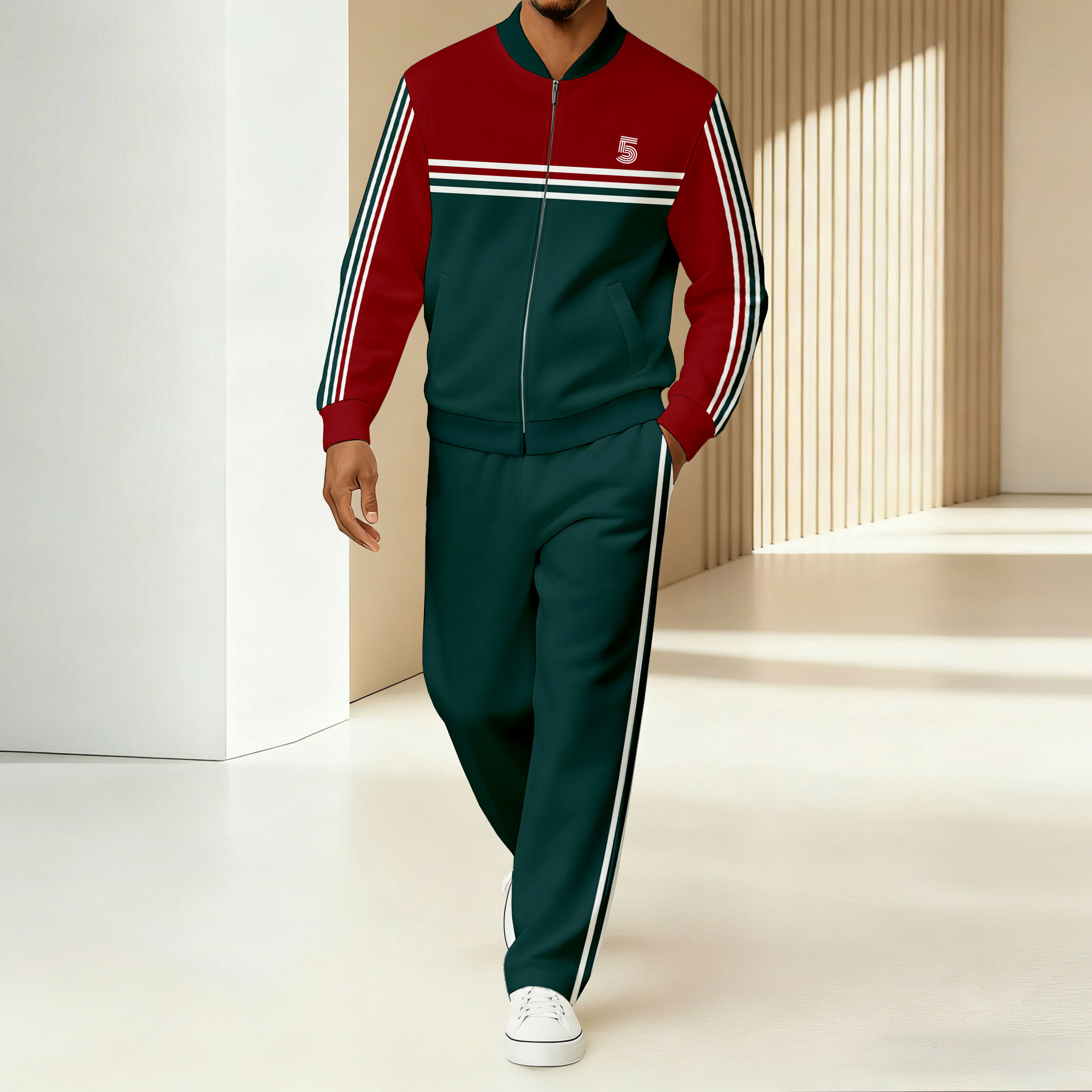 Men's Minimalist Red & Green Color-Block Striped Printed Jacket Sports Jogging Set