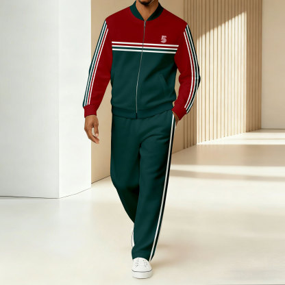 Men's Minimalist Red & Green Color-Block Striped Printed Jacket Sports Jogging Set