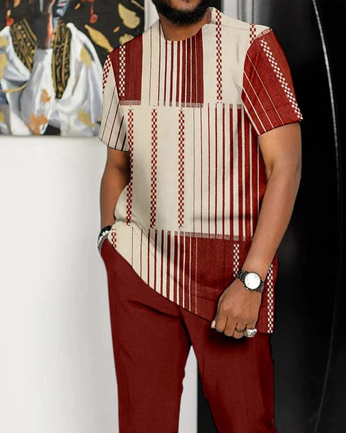 Men's Vertical Stripe Print Short Sleeve Suit