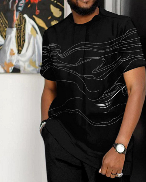 Men's Black Lineart Short Sleeve Athletic Walking Suit